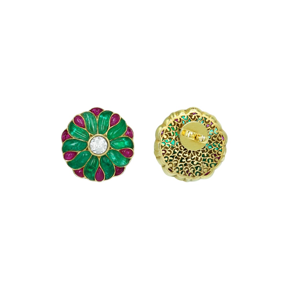 Floral Polki Stud Earrings with Emerald and Ruby Petals